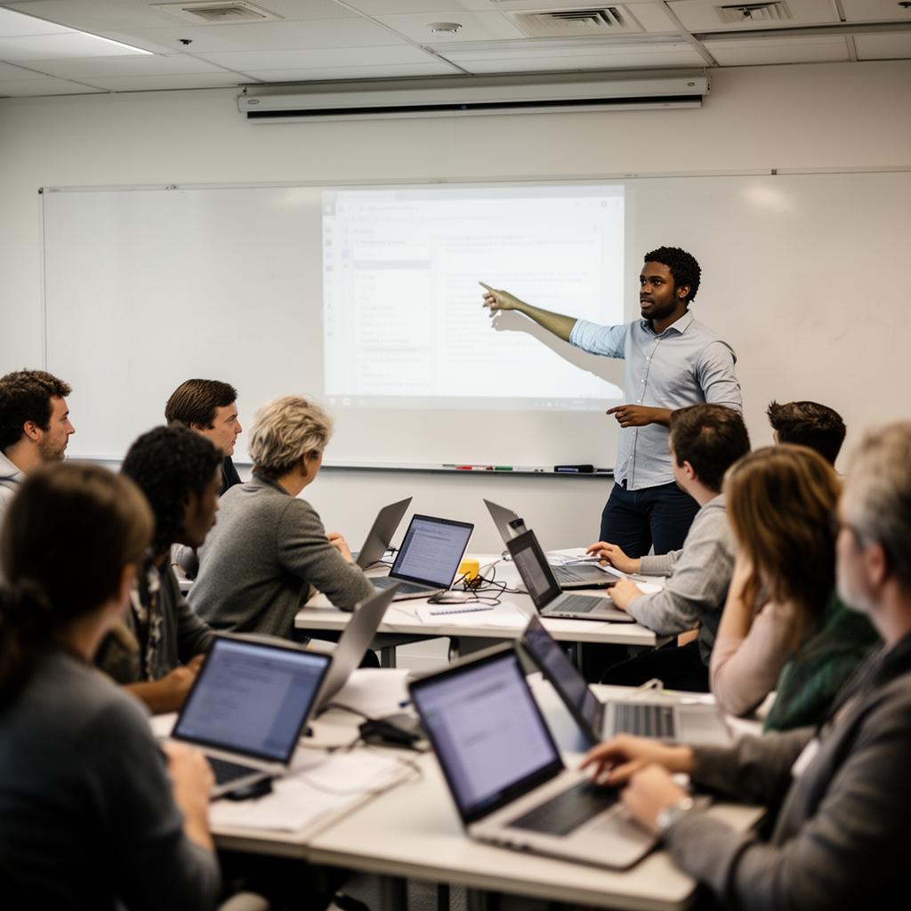 Diverse adult learners and a facilitator engaged in a hands-on tech training session