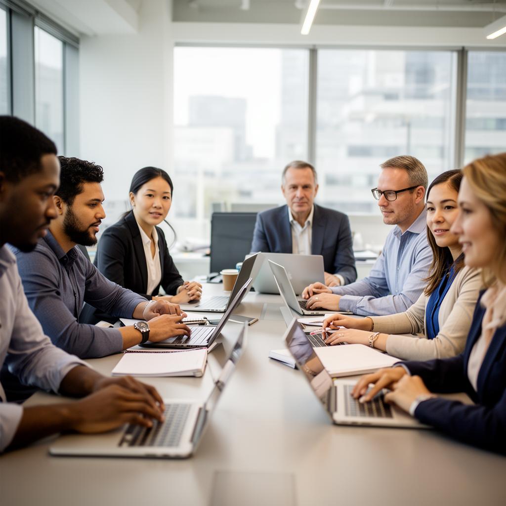 Diverse team of workforce development professionals collaborating around a laptop